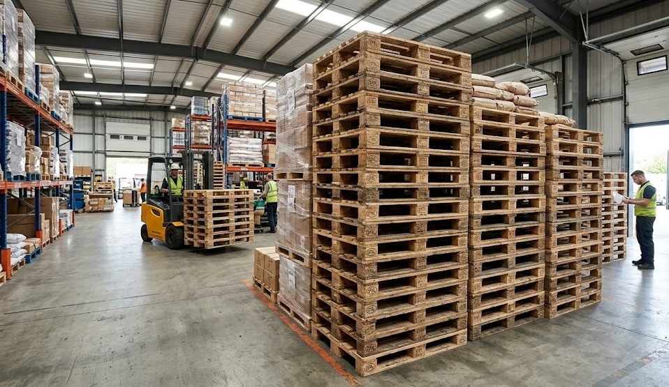 Warehouse interior with pallets and forklift operations