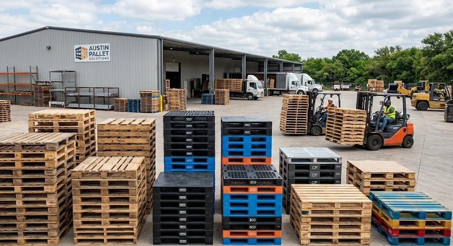 Pallet yard with diverse inventory of wood and plastic pallets