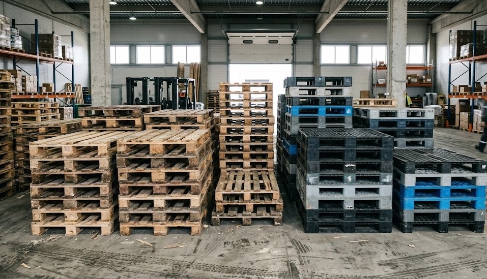 Indoor warehouse with sorted wood and plastic pallets